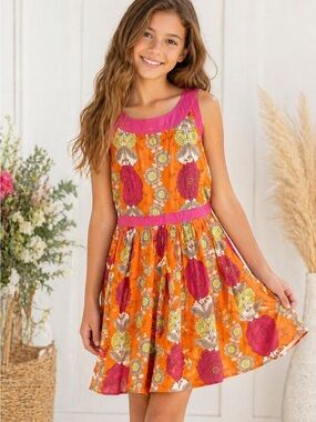 Karlie Girls Floral Dress Back Tie Orange Pink Sleeveless Youth M